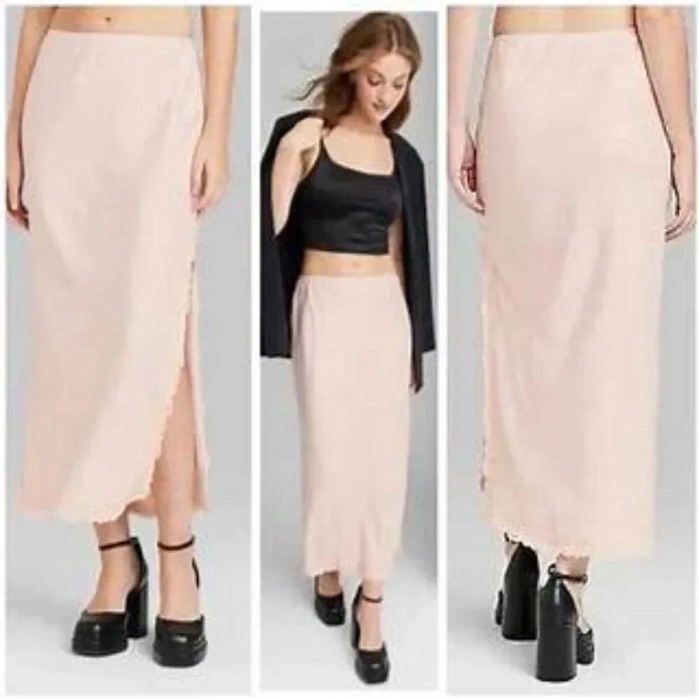 Wild Fable Light Pink Satin Maxi Length Slip Skirt Lace Hemline w/Slit Large